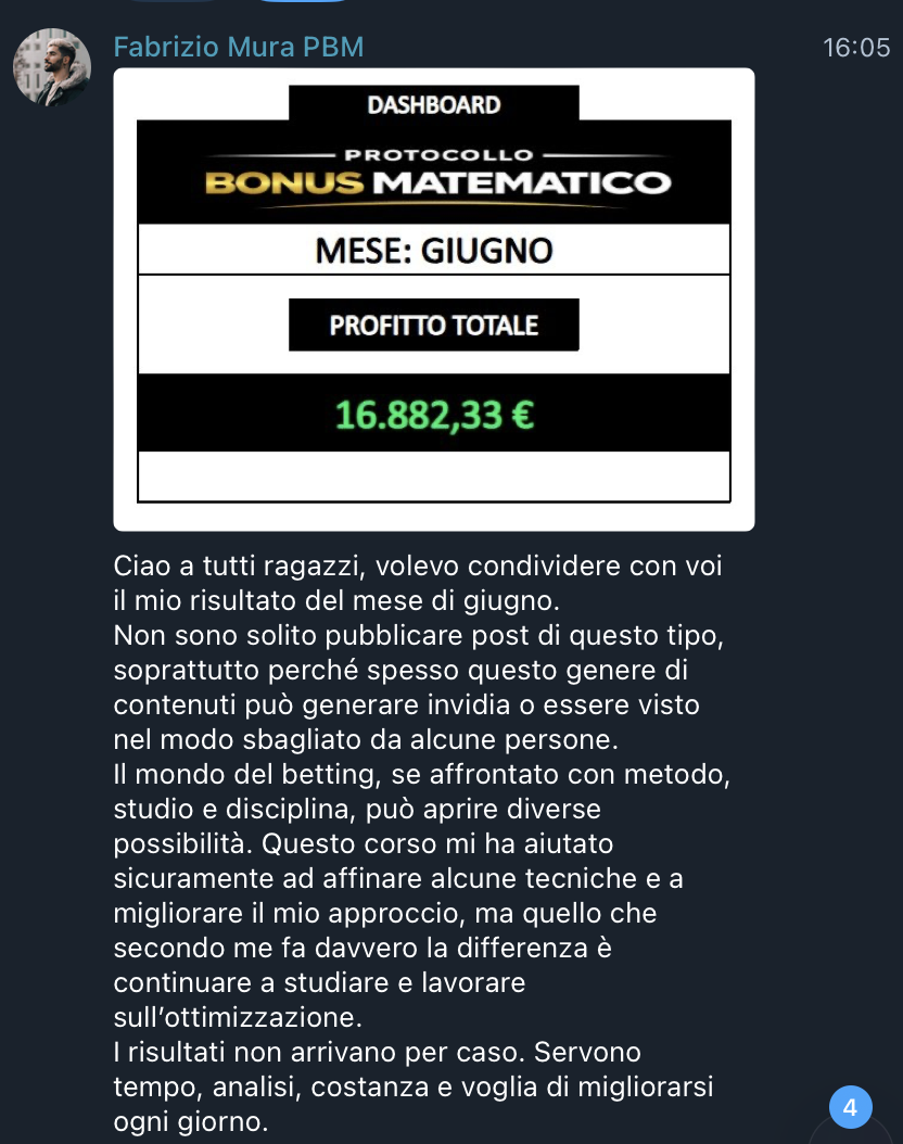 Screenshot Telegram di Fabrizio con risultato di giugno